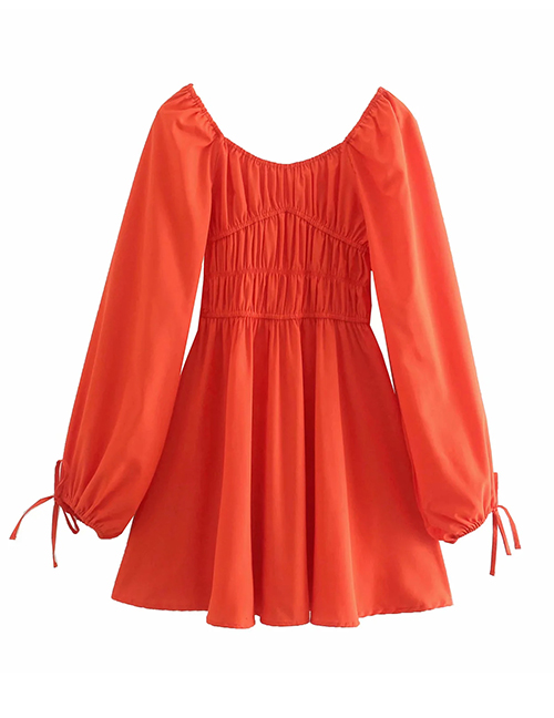 Fashion Orange Pleated Dress With Cuffs