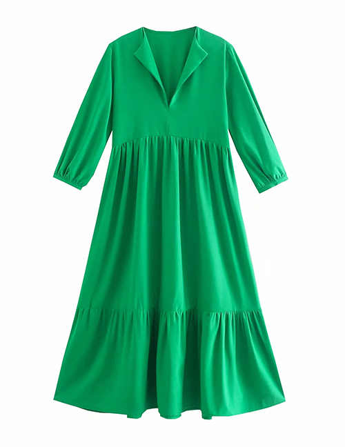 Fashion Green Ruffled Pleated Mid-sleeve Dress