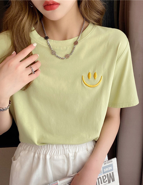 Fashion Light Fruit Green Embroidered Smiley Half Sleeve Top