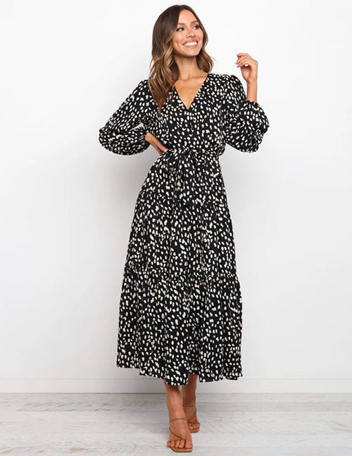 Fashion Black Lace-up Leopard Print Pleated Dress