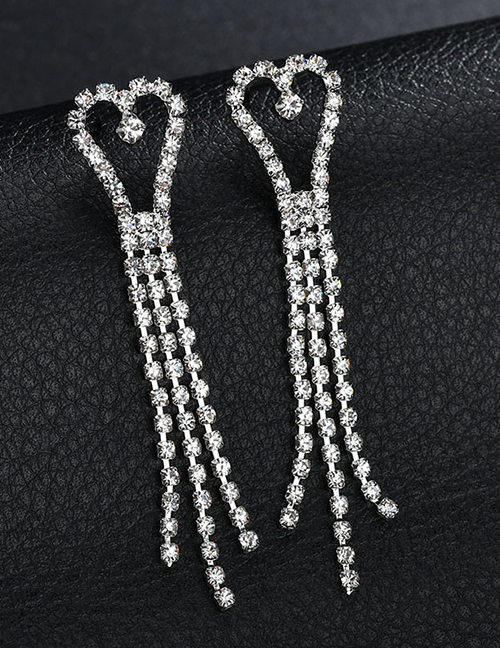 Fashion Steel Color Diamond Love Heart Tassel Earrings