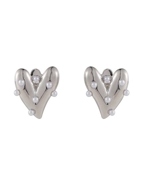 Fashion Silver Metal Heart Pearl Stud Earrings