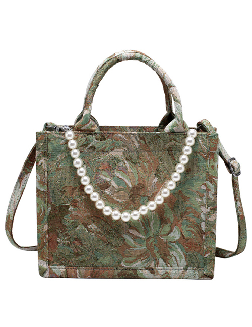 Fashion Small Green Printed Bow Silk Scarf And Pearl Shoulder Bag