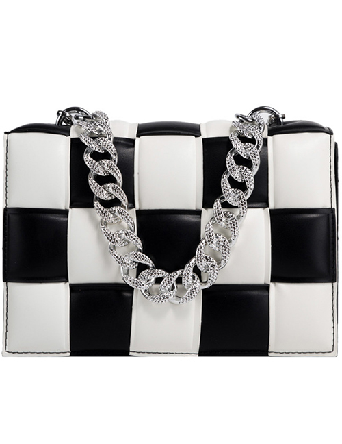 Fashion Contrast Black Contrast Woven Check Chain Handbag