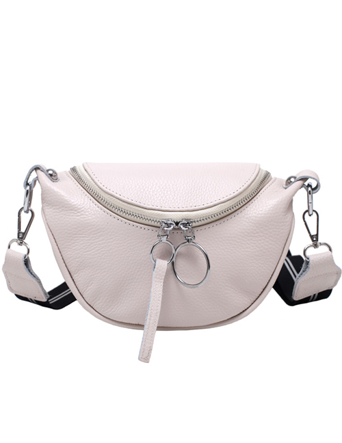Fashion Creamy-white Cowhide Wide Round Zipper Shoulder Bag