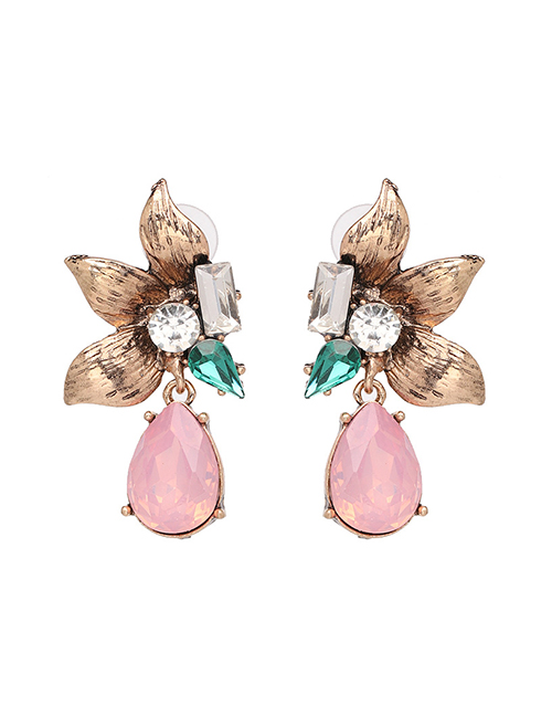 Fashion Pink Alloy Diamond Flower Drop Earrings