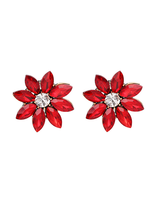 Fashion Red Diamond Flower Stud Earrings