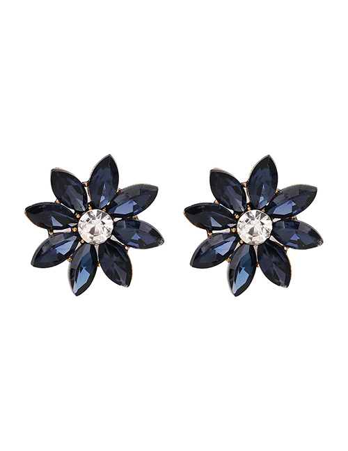 Fashion Ink-blue Colour Diamond Flower Stud Earrings