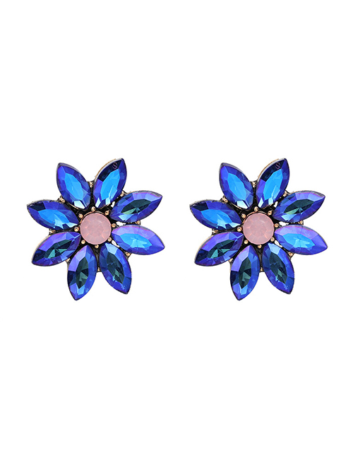 Fashion Navy Color Diamond Flower Stud Earrings