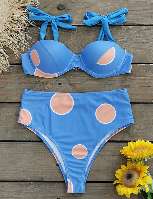 Fashion Yellow And White Circle On Blue Background High Waist Strappy Split Swimsuit
