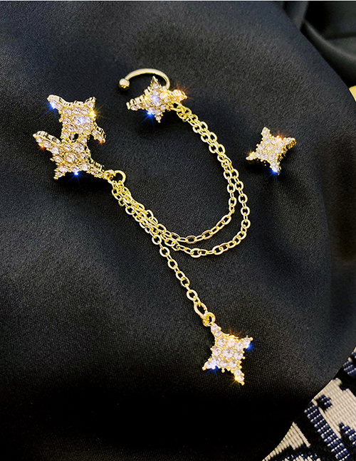 Fashion Golden Asymmetric Full Diamond Star Tassel Ear Bone Clip