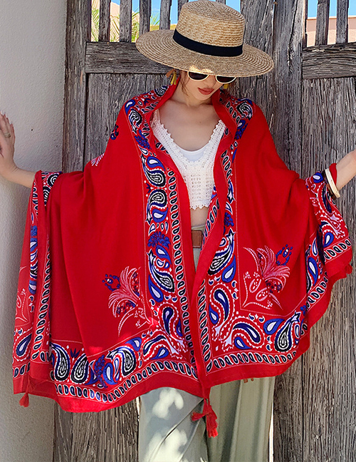 Fashion Red Red And Blue Cashews Cashew Flower Print Sunscreen Shawl