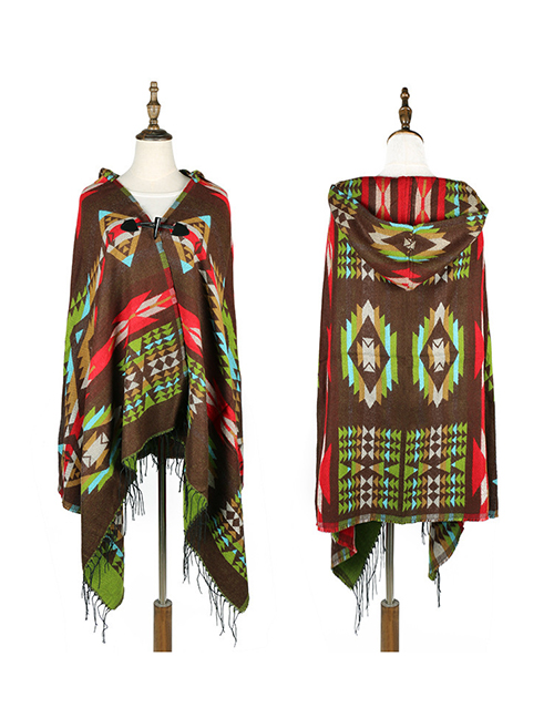 Fashion Vintage Green Hooded Shawl Coat With Printed Fringe Buckle