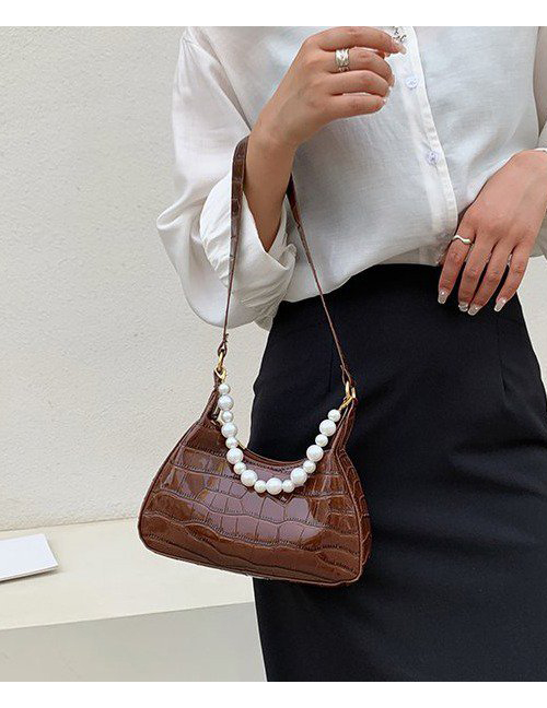 Fashion Dark Brown Crocodile Pearl Shoulder Bag