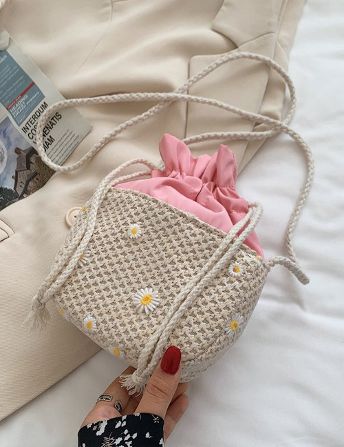 Fashion Pink Woven Flower Drawstring Messenger Bag