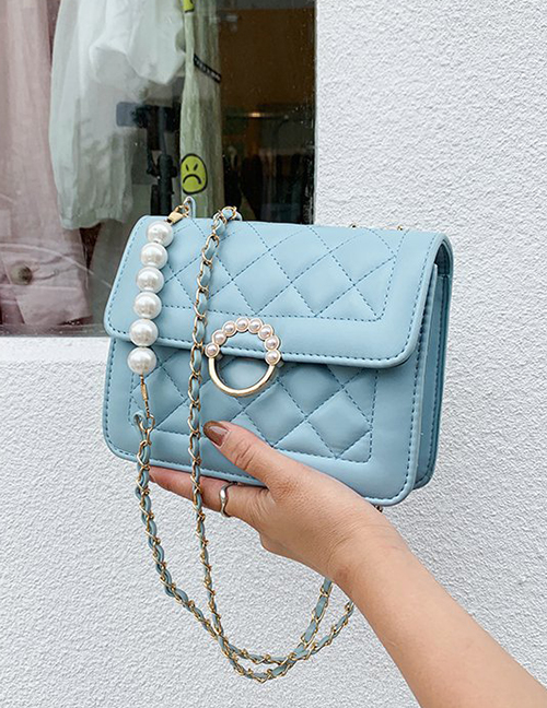 Fashion Small Blue Diamond Embroidery Thread And Pearl Chain Shoulder Bag