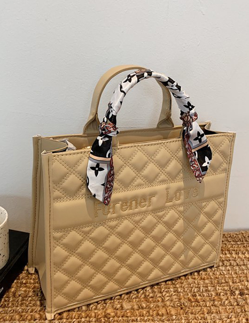 Fashion Khaki Large Capacity Handbag With Diamond Silk Scarf