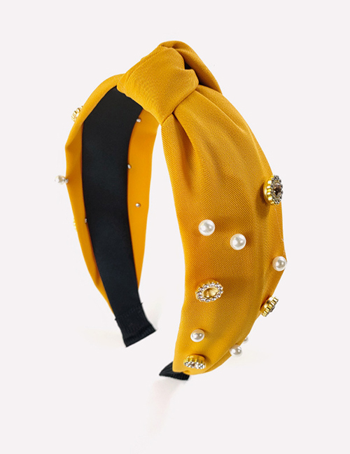 Fashion Yellow Fabric Knotted Rhinestone Pearl Headband