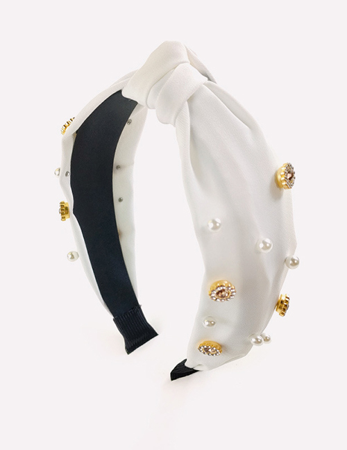 Fashion White Fabric Knotted Rhinestone Pearl Headband