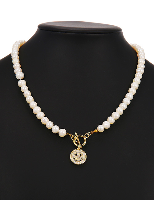 Fashion Golden Copper Inlaid Zircon Pearl To Buckle Smiley Face Necklace