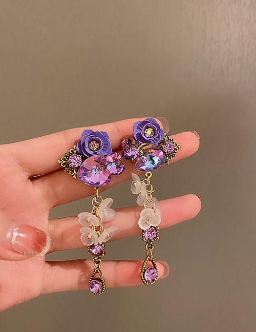 Fashion Purple Crystal Flower Tassel Stud Earrings