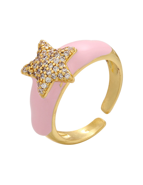 Fashion Pink Oil Drop Diamond Five-pointed Star Open Ring