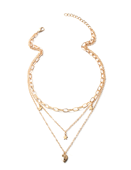 Fashion Gold Color Pentagrami Heart Multi-layer Necklace