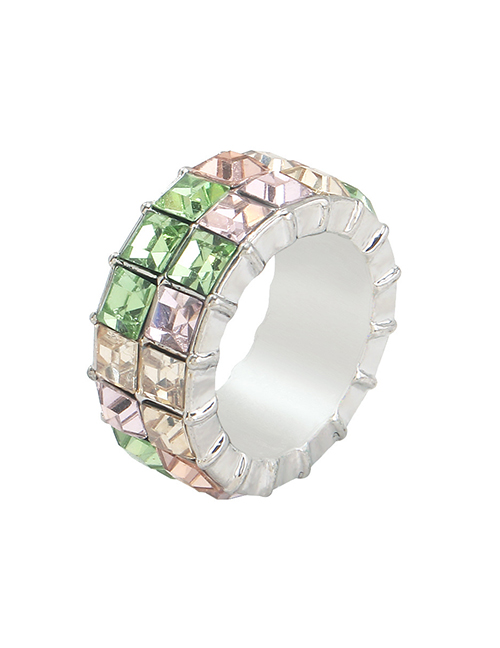 Fashion Pink+green Geometric Square Imitation Diamond Wide Brim Ring