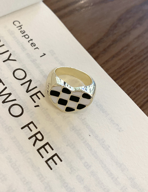 Fashion Black And White Plaid Metal Heart Check Open Ring