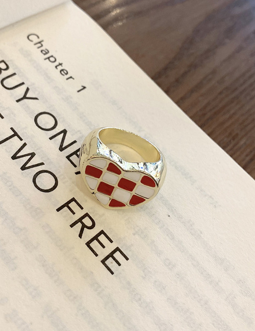 Fashion Red And White Plaid Metal Heart Check Open Ring