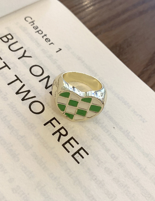 Fashion Green And White Plaid Metal Heart Check Open Ring