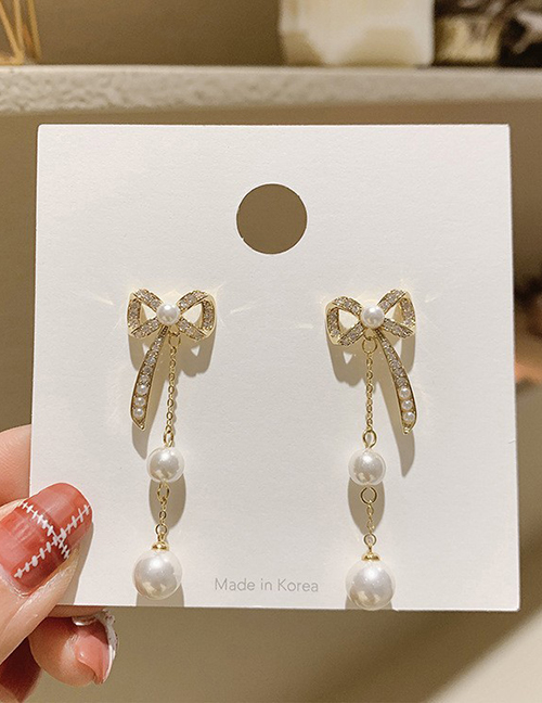 Fashion Gold Bowknot Pearl Tassel Stud Earrings