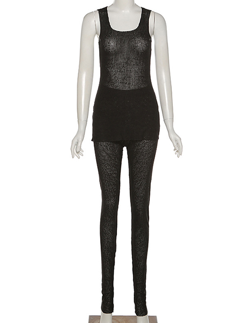 Fashion Black Sleeveless See-through Tank Top And Trousers Suit