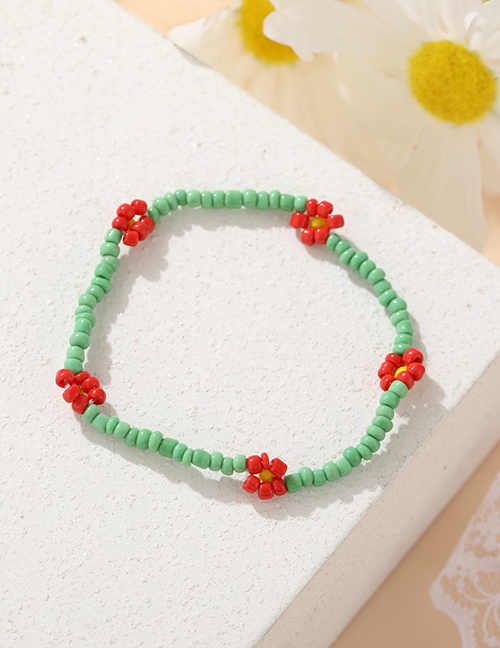 Fashion Green+red Flower Rice Bead Anklet