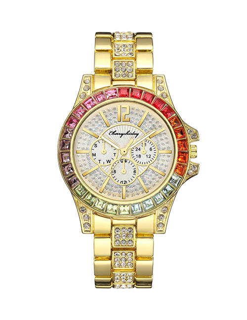 Fashion Gold Color Gypsophila Inlaid With Colored Diamonds Three-eye Stone Steel Band Watch