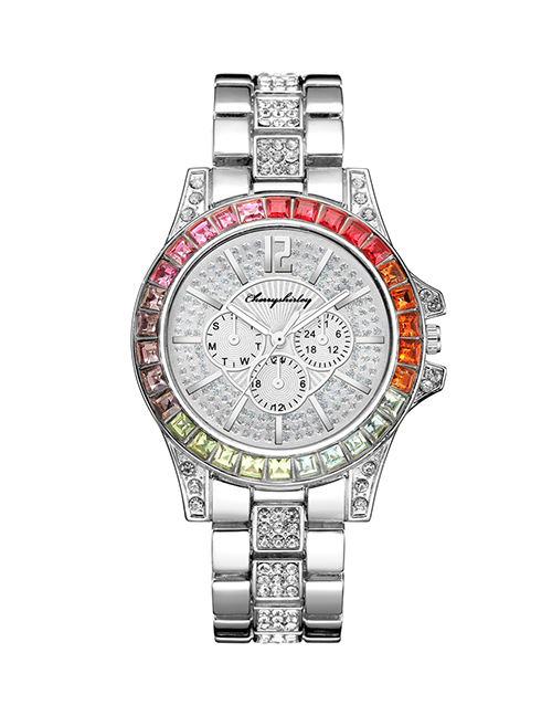 Fashion Silver Gypsophila Inlaid With Colored Diamonds Three-eye Stone Steel Band Watch