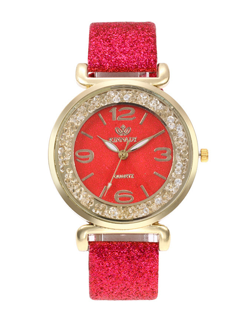 Fashion Red Quartz Watch With Glitter Belt Ball Dial Dial