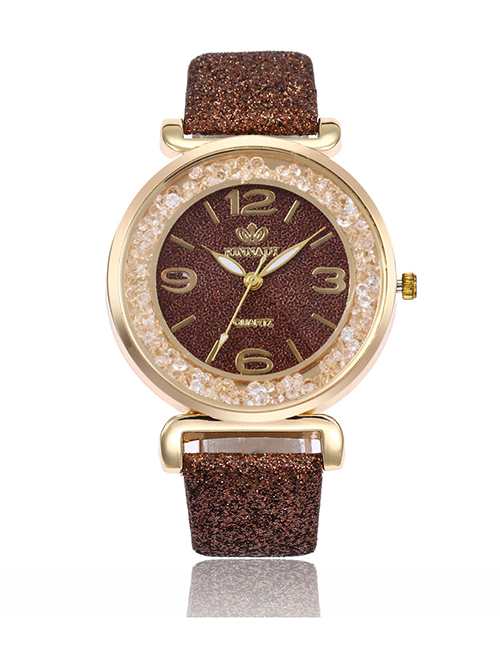Fashion Brown Quartz Watch With Glitter Belt Ball Dial Dial