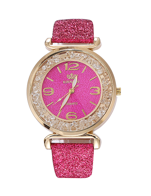 Fashion Rose Red Quartz Watch With Glitter Belt Ball Dial Dial
