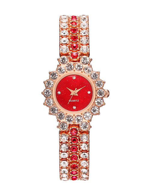 Fashion Gold Color With Red Noodles Alloy Full Diamond Bracelet Watch