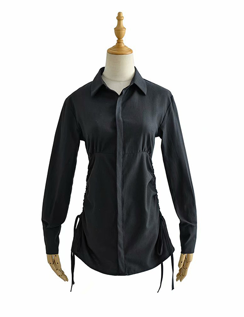 Fashion Black Solid Color Lapel Drawstring Shirt Dress