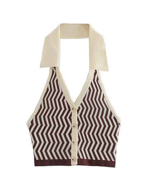 Fashion Coffee Color Wavy Striped Knitted Halterneck Vest
