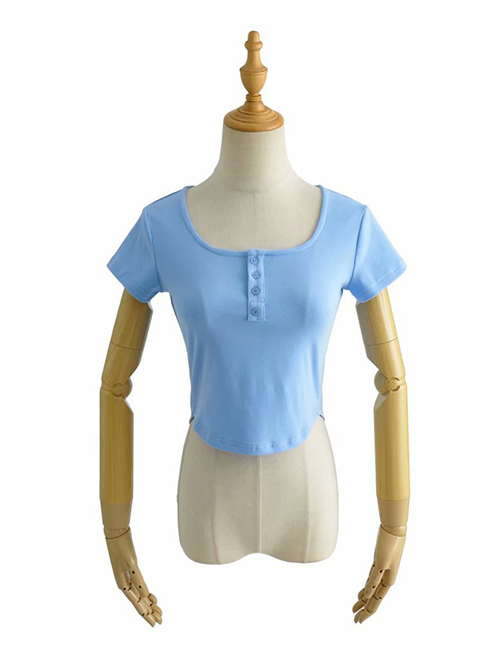 Fashion Blue Solid Color Button Pullover Short Sleeves