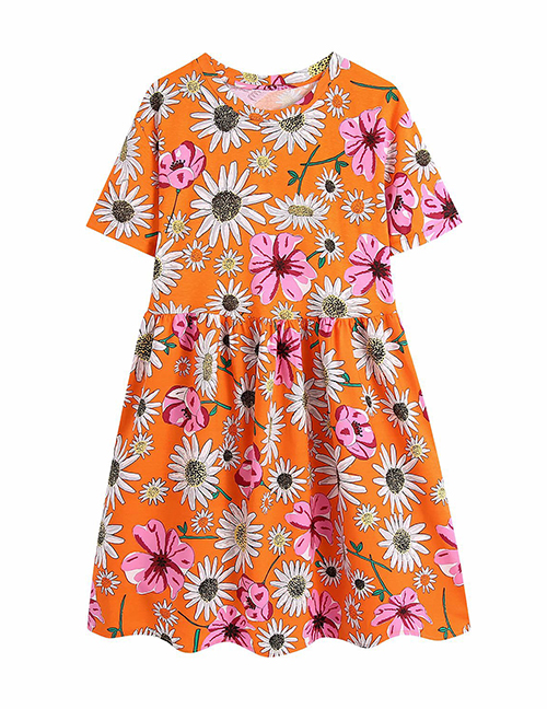 Fashion Orange Pleated Print Dress