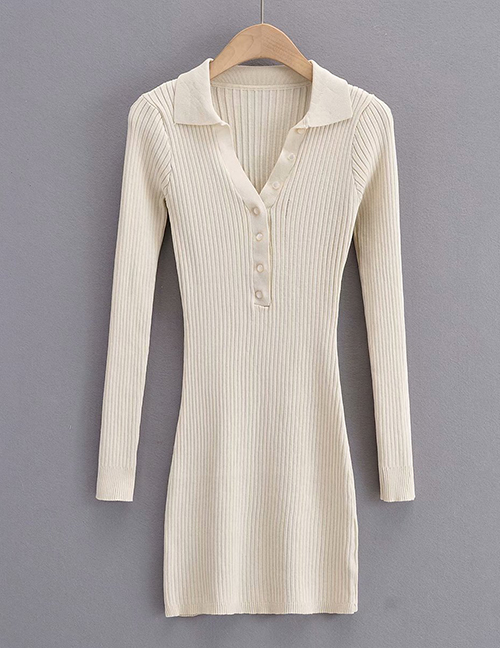 Fashion Milky White Polo Neck Knit Long Sleeve Dress
