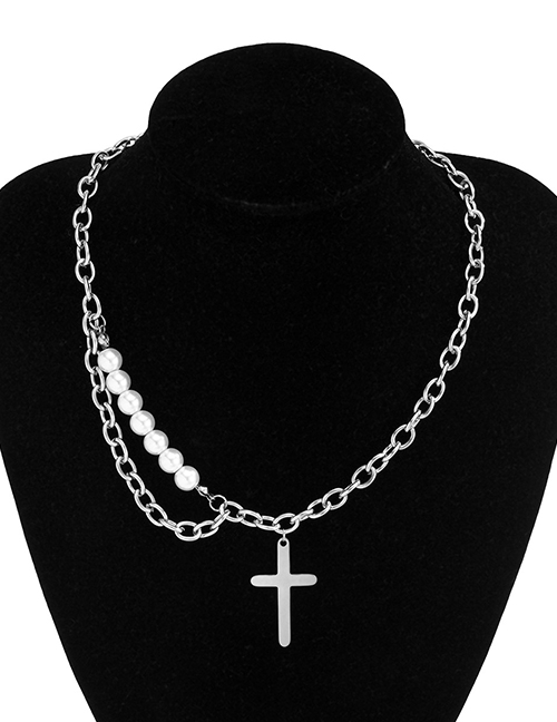Fashion Steel Color Titanium Steel Cross Pearl Chain Necklace