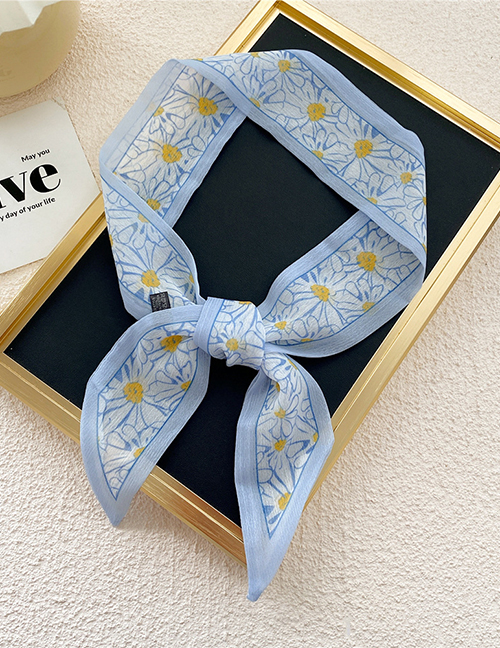 Fashion 3f Chiffon Double-sided Chrysanthemum Blue Printed Polka Dot Long Silk Scarf Headband