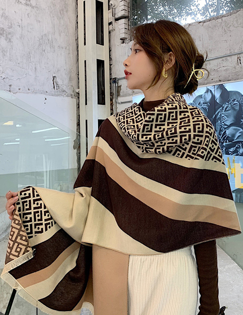 Fashion 4 Geometric Stripes Stitching Coffee Color Stitched Geometric Striped Double-sided Scarf