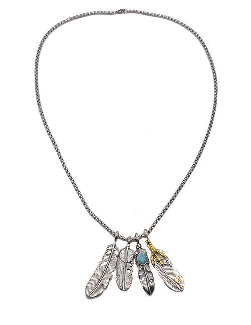 Fashion Silver Color Titanium Steel Diamond Feather Necklace