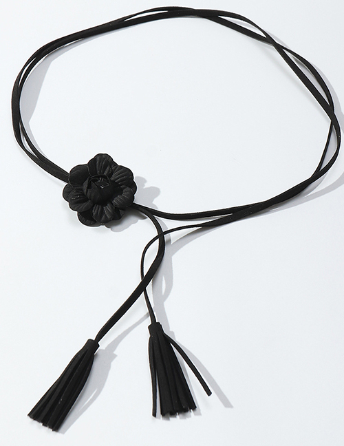 Fashion Black Flower Pendant Leather Knotted Thin Belt